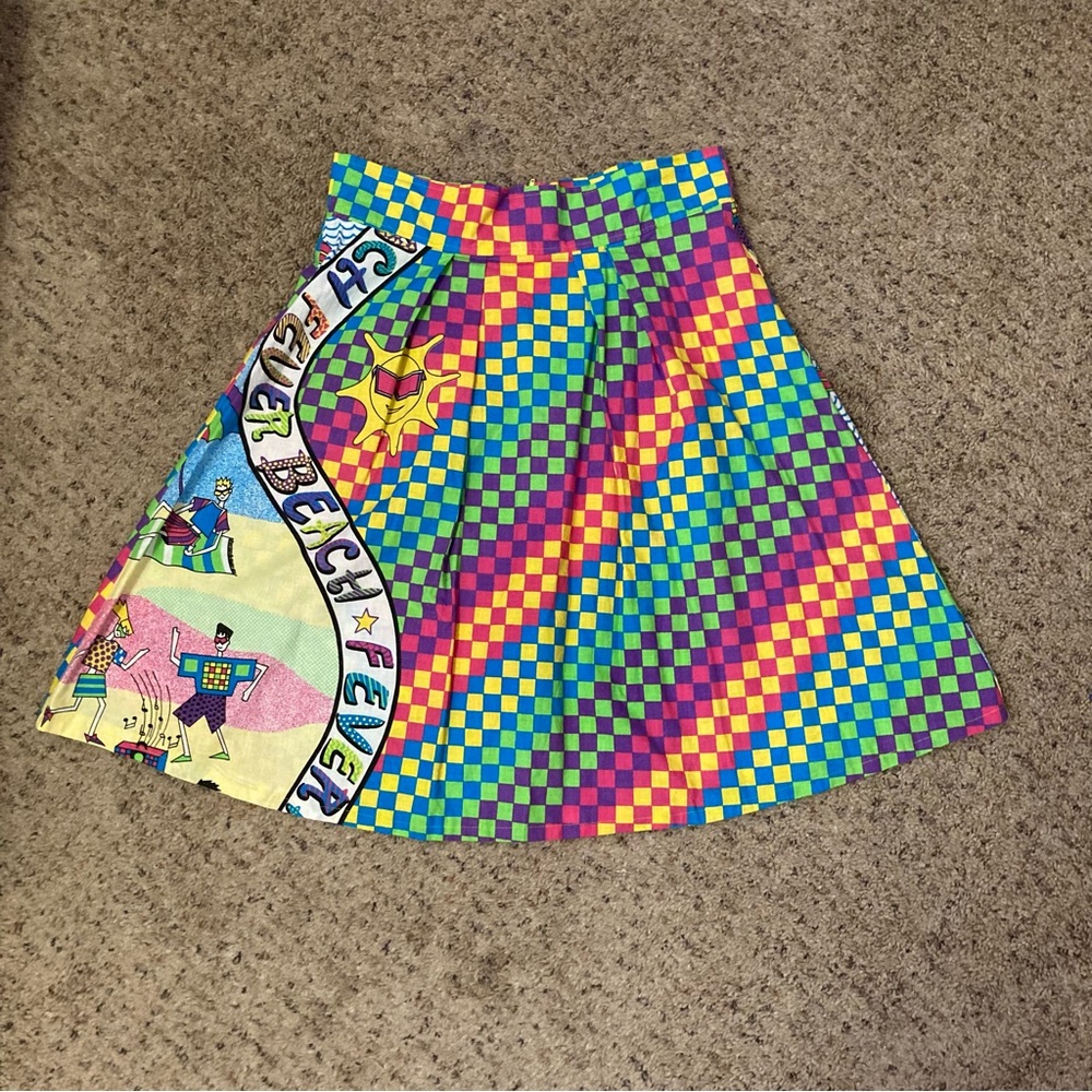 Handmade 1980s vintage fabric beach fever neon graphic A-line pleated midi skirt